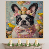 Festive Paws: Boston Terrier Sporting a Charming Springtime Look on High-Quality Canvas Wrap, Framed Print, or Rolled Artwork